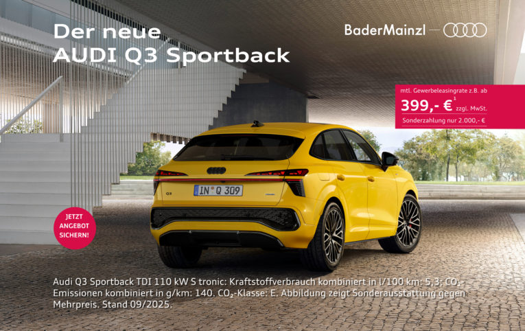 a yellow car audi q3 sportback parked in a parking lot