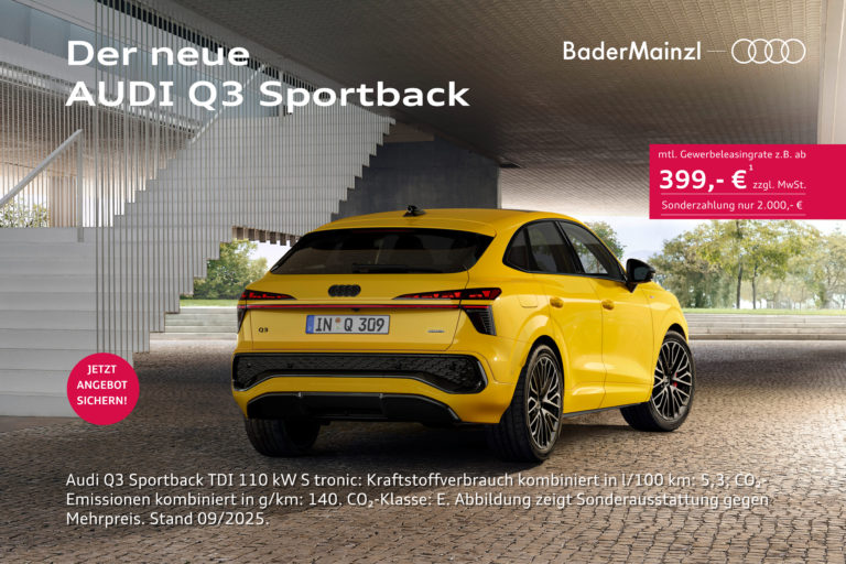 a yellow car audi q3 sportback parked in a parking lot