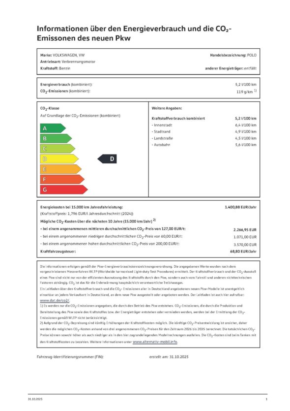 Efficiency-Label-POLO Polo Life 1,0 l 59 kW (80 PS) 5-Gang