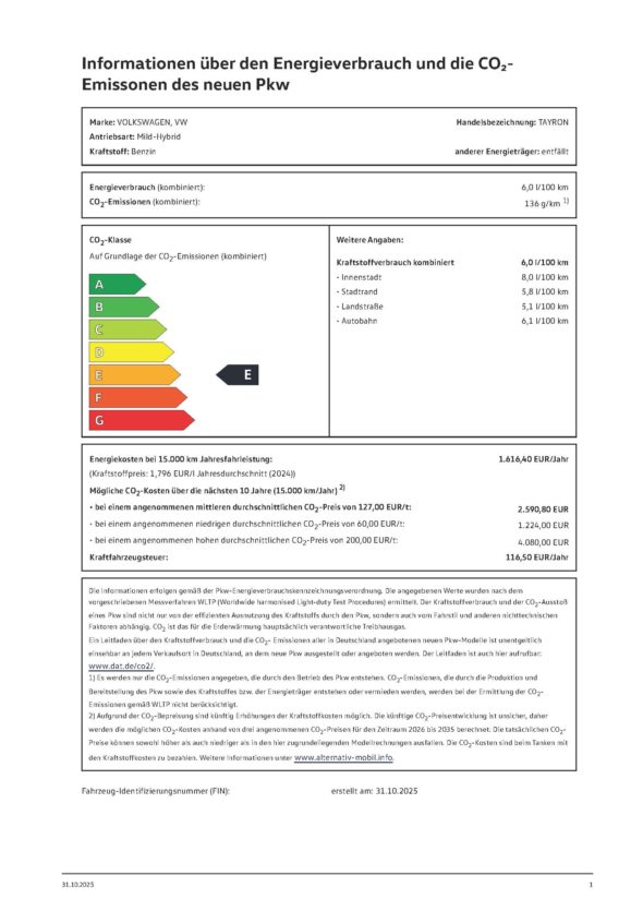 Efficiency-Label-TAYRON Tayron Life 1,5 l eTSI OPF 110 kW (150 PS) 7-Gang-Doppelkupplungsgetriebe DSG