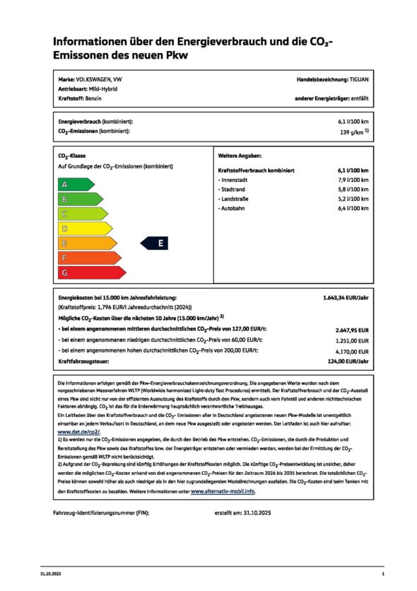 Efficiency-Label-TIGUAN. Tiguan R-Line 1,5 l eTSI OPF 110 kW (150 PS) 7-Gang-Doppelkupplungsgetriebe DSG