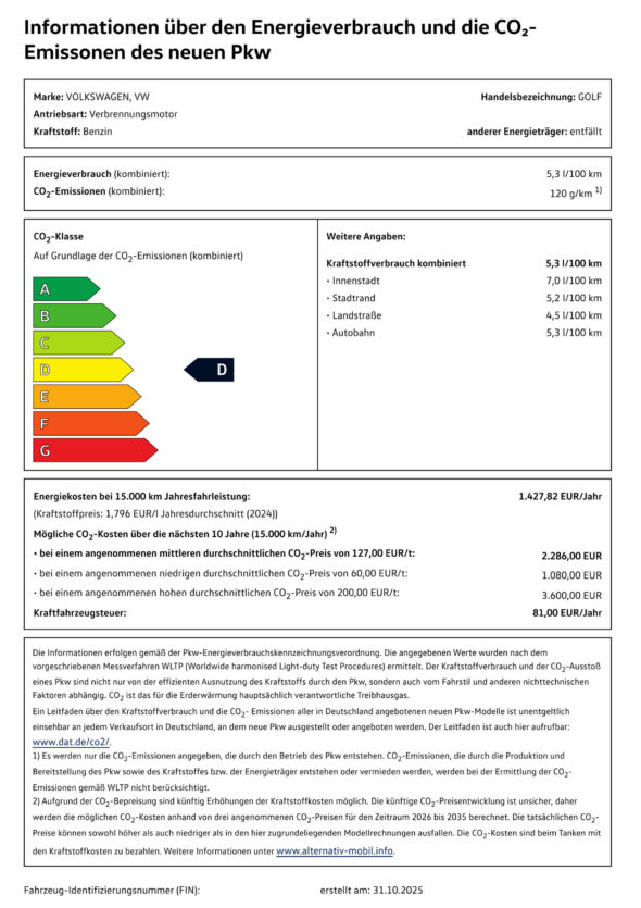 VW Golf Life Co2 label Co2 Label VW Golf